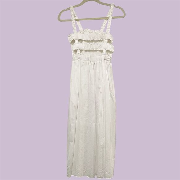White Smocked Midi Dress Open Back Cage Strappy Sundress Cottagecore Minimalist - Picture 4 of 10